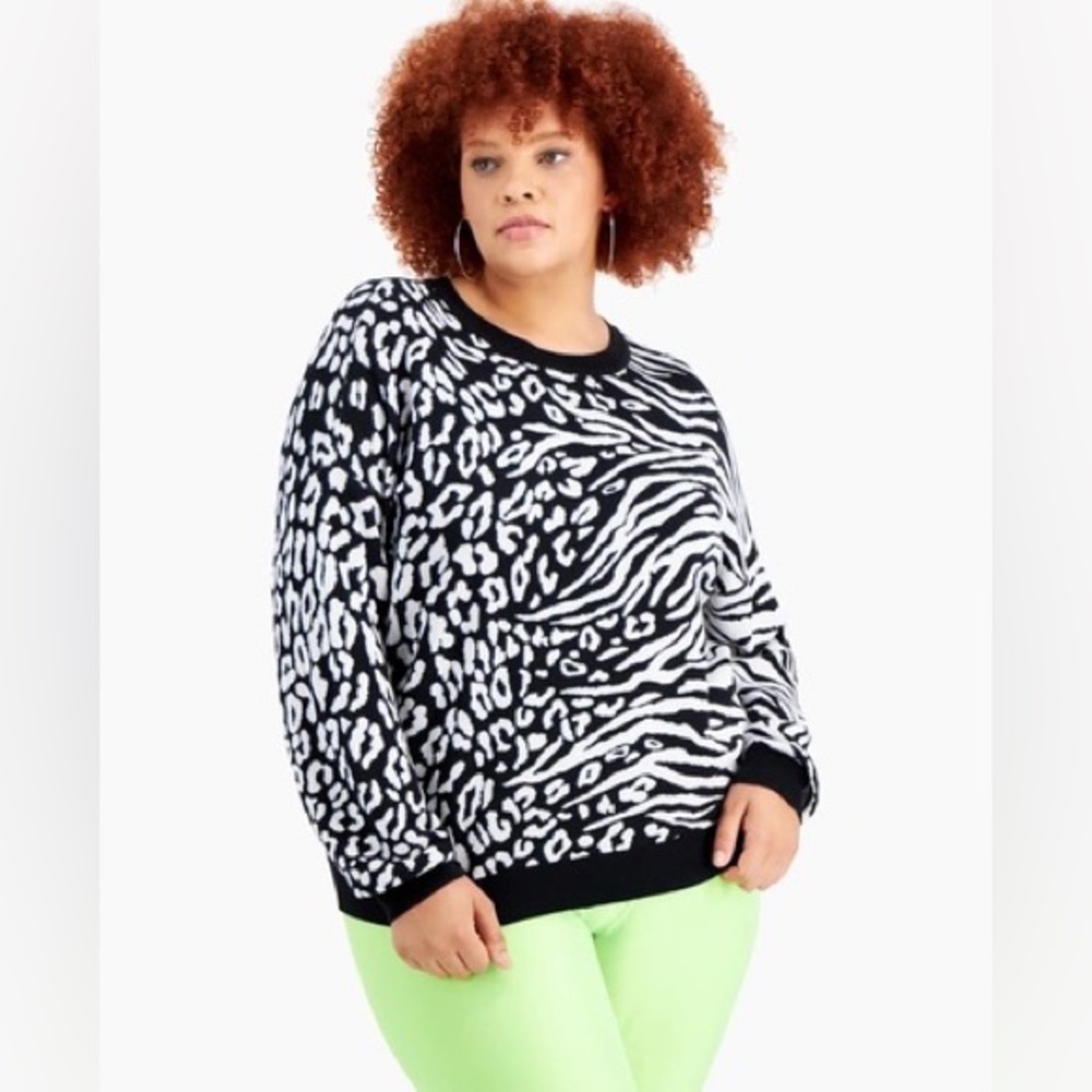 Bar III Animal Print Sweater Animal Splice Black Size 2X